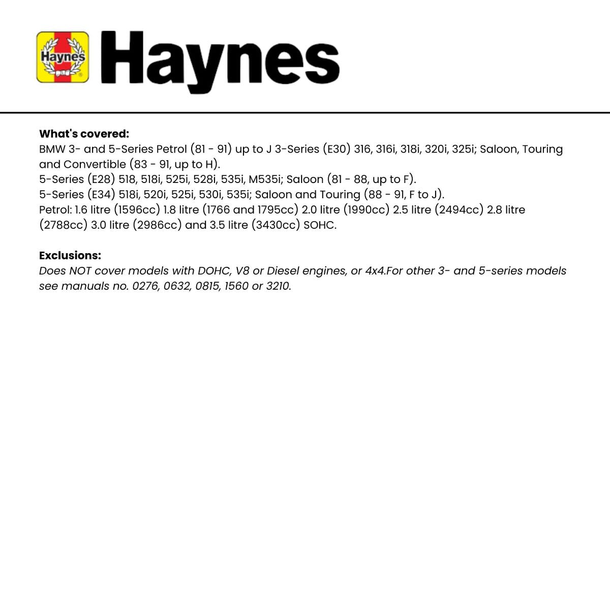 BMW 3- & 5-Series Petrol (81 - 91) - Haynes Repair Manual