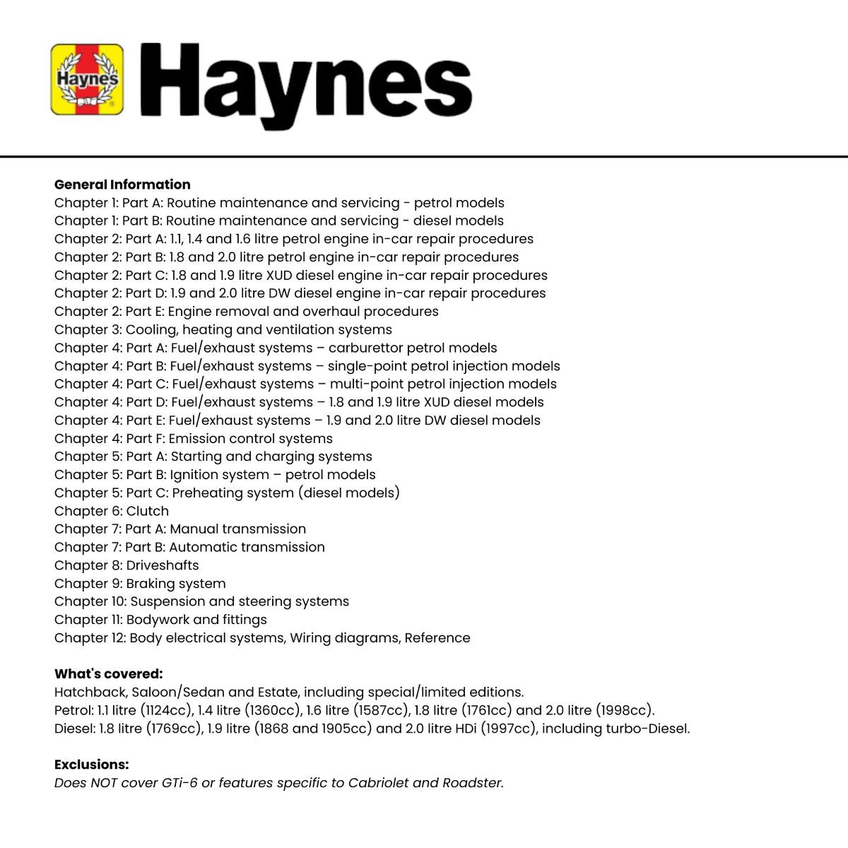 Peugeot 306 Petrol & Diesel (93-02) - Haynes Repair Manual