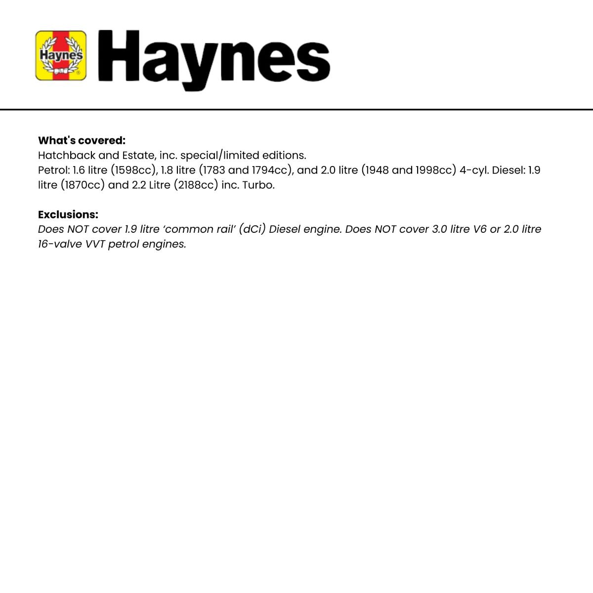 Haynes manual 3252, Renault Laguna, 1994 to 1996 L to P reg, petrol and diesel