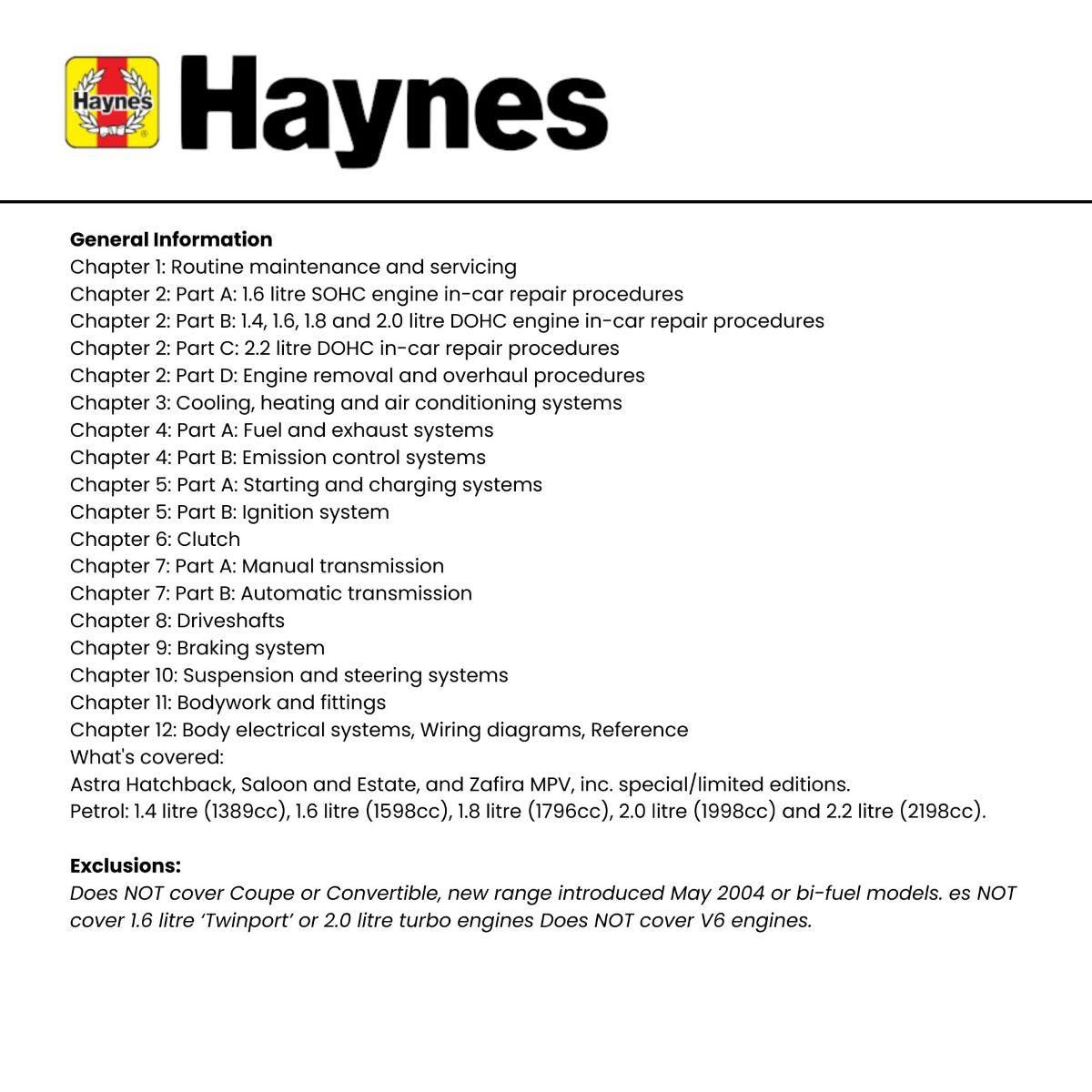 Vauxhall/Opel Astra & Zafira Petrol (Feb 98 - Apr 04) - Haynes Repair Manual