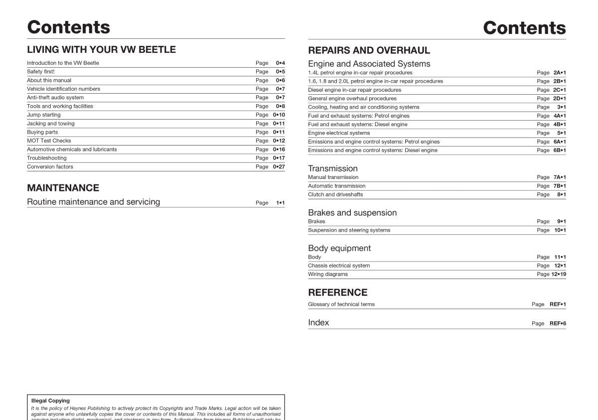VW Beetle Petrol & Diesel (Apr 99 - 07) - Haynes Repair Manual