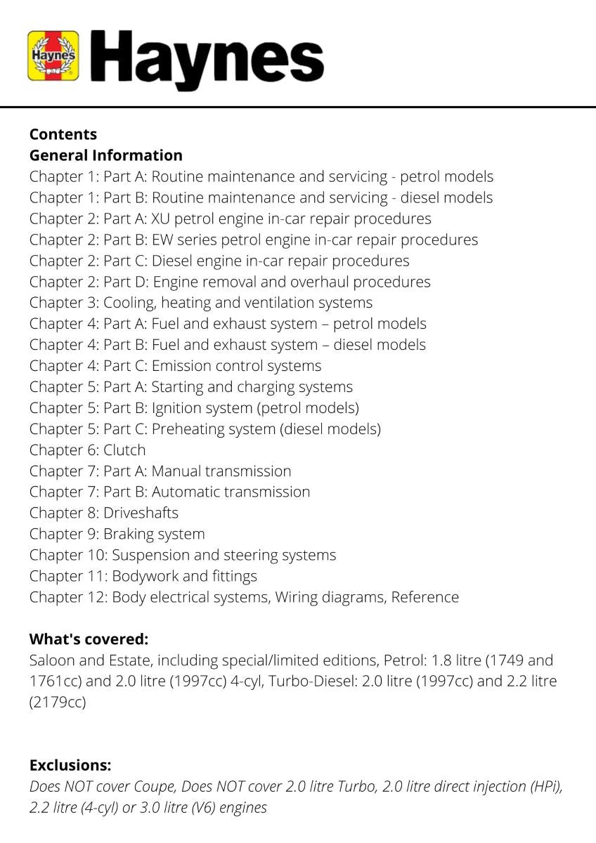 Peugeot 406 Petrol & Diesel (Mar 99 - 02) - Haynes Repair Manual