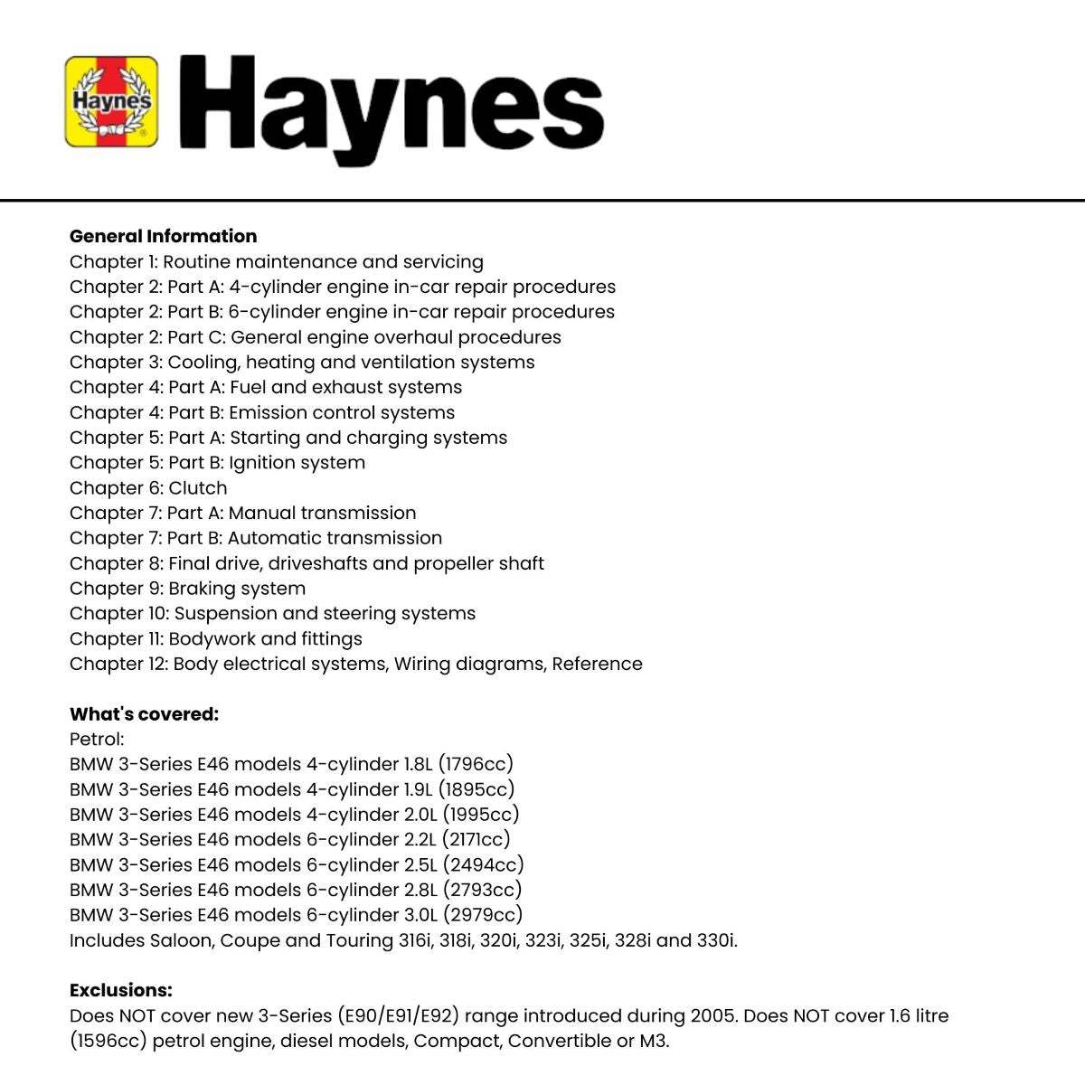 BMW 3-Series Petrol (Sept 98 - 06) - Haynes Repair Manual