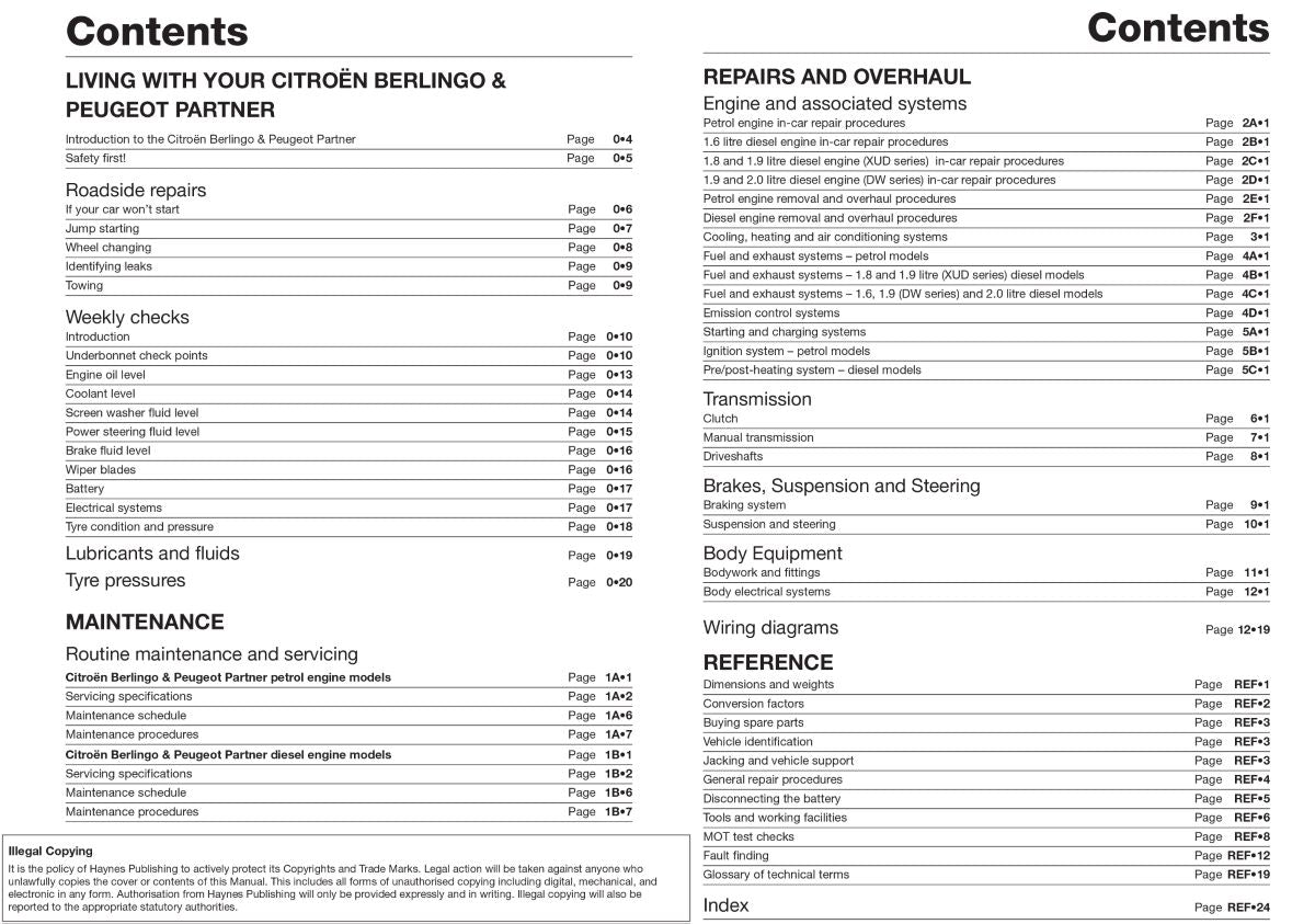 Citroen Berlingo & Peugeot Partner Petrol & Diesel (96 - 10) - Haynes Repair Manual