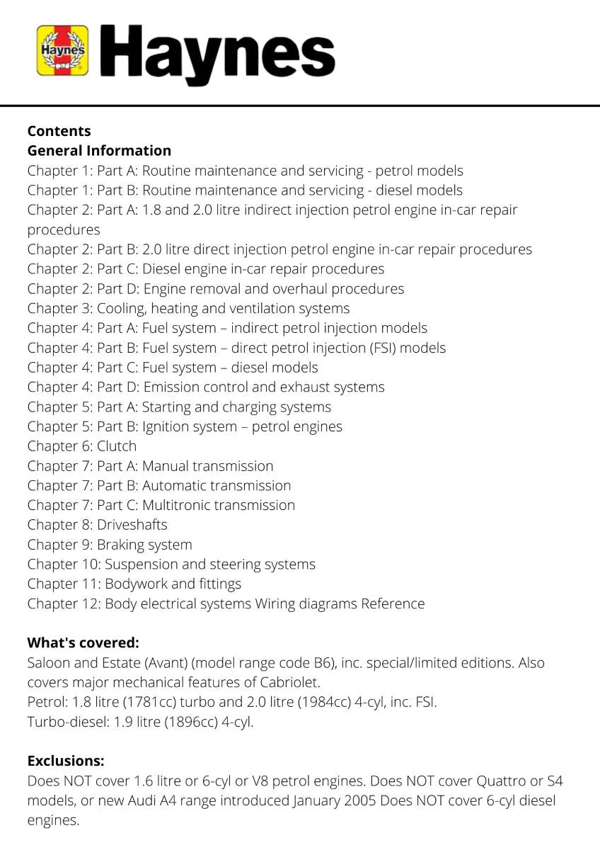 Audi A4 Petrol & Diesel (01 - 04) - Haynes Repair Manual