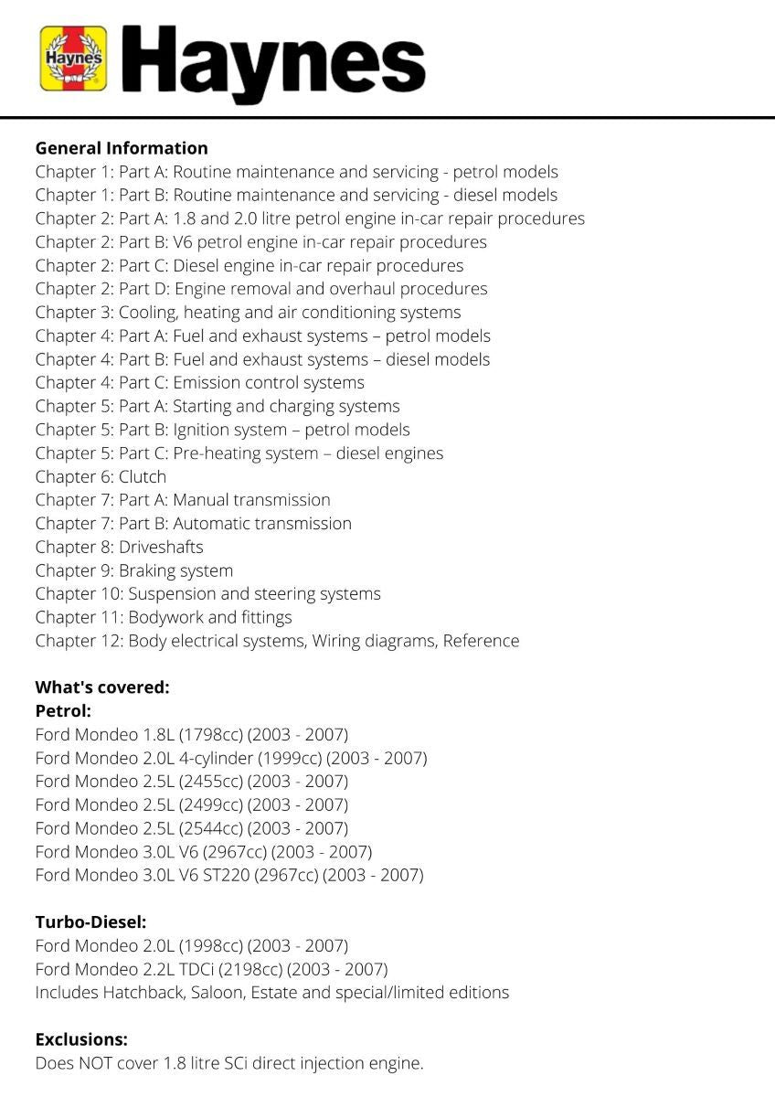 Ford Mondeo Petrol & Diesel (July 03 - 07) - Haynes Repair Manual