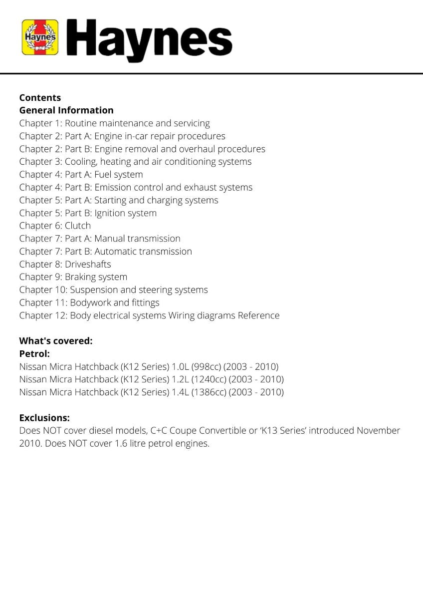 Nissan Micra (03 - Oct 10) - Haynes Repair Manual