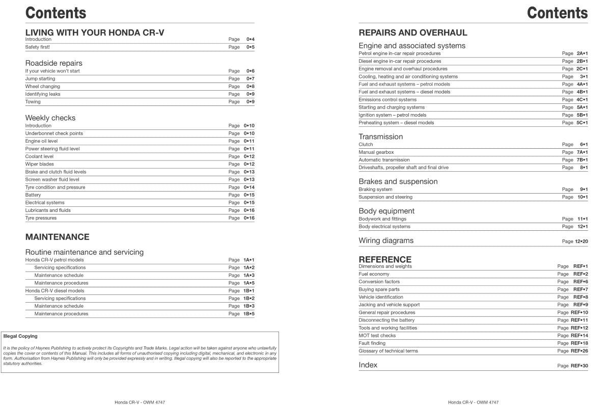 Honda CR-V Petrol & Diesel (02 - 06) - Haynes Repair Manual