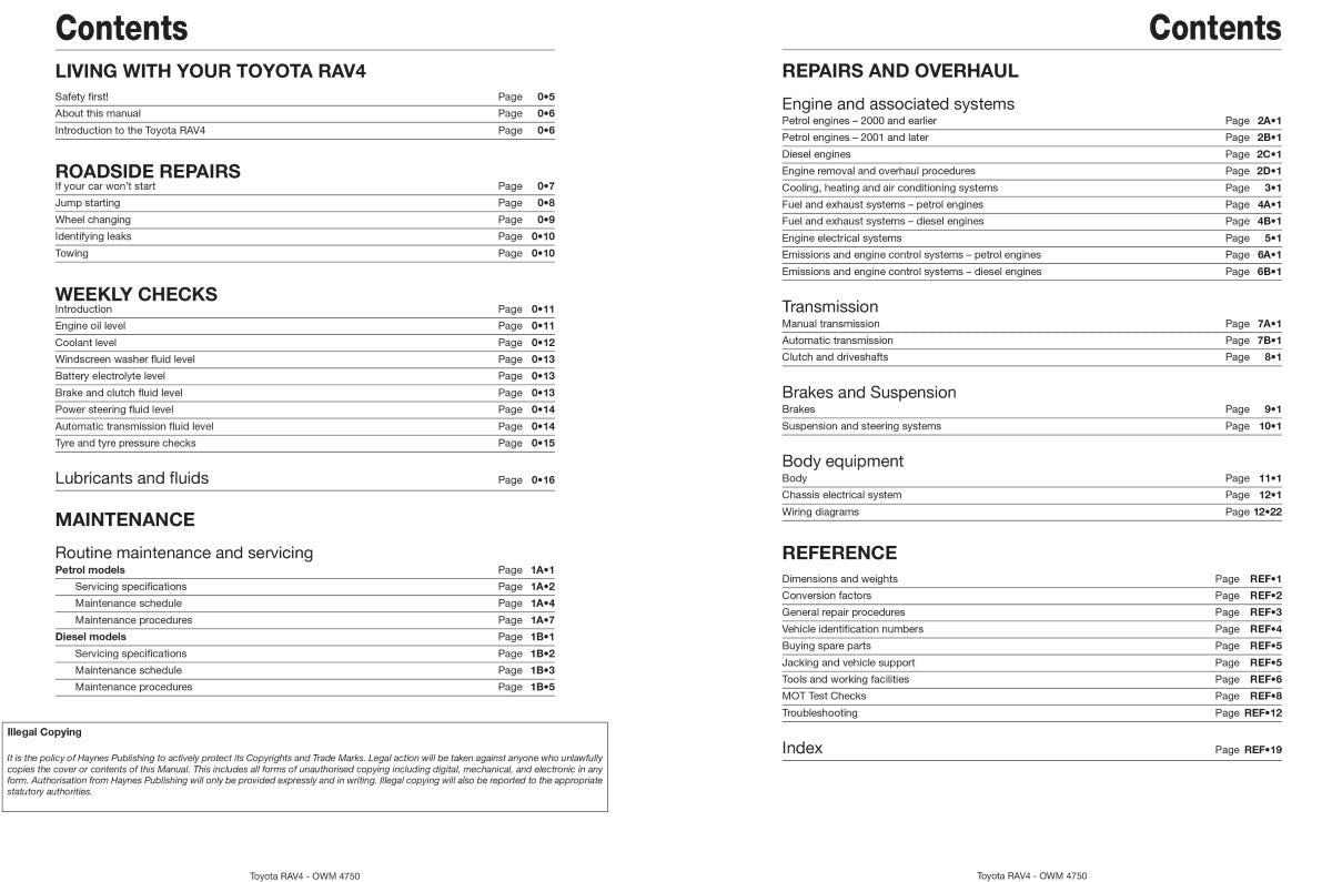 Toyota RAV4 Petrol & Diesel (94 - Jan 06) - Haynes Repair Manual