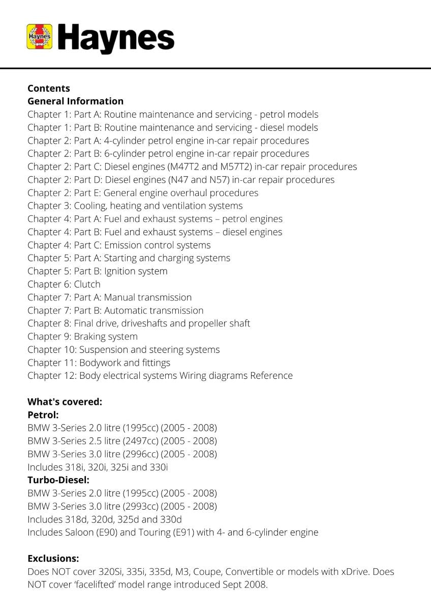 BMW 3-Series Petrol & Diesel (05 - Sept 08) - Haynes Repair Manual
