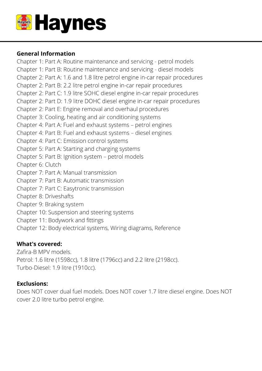 Vauxhall/Opel Zafira Petrol & Diesel (05 - 09) - Haynes Repair Manual