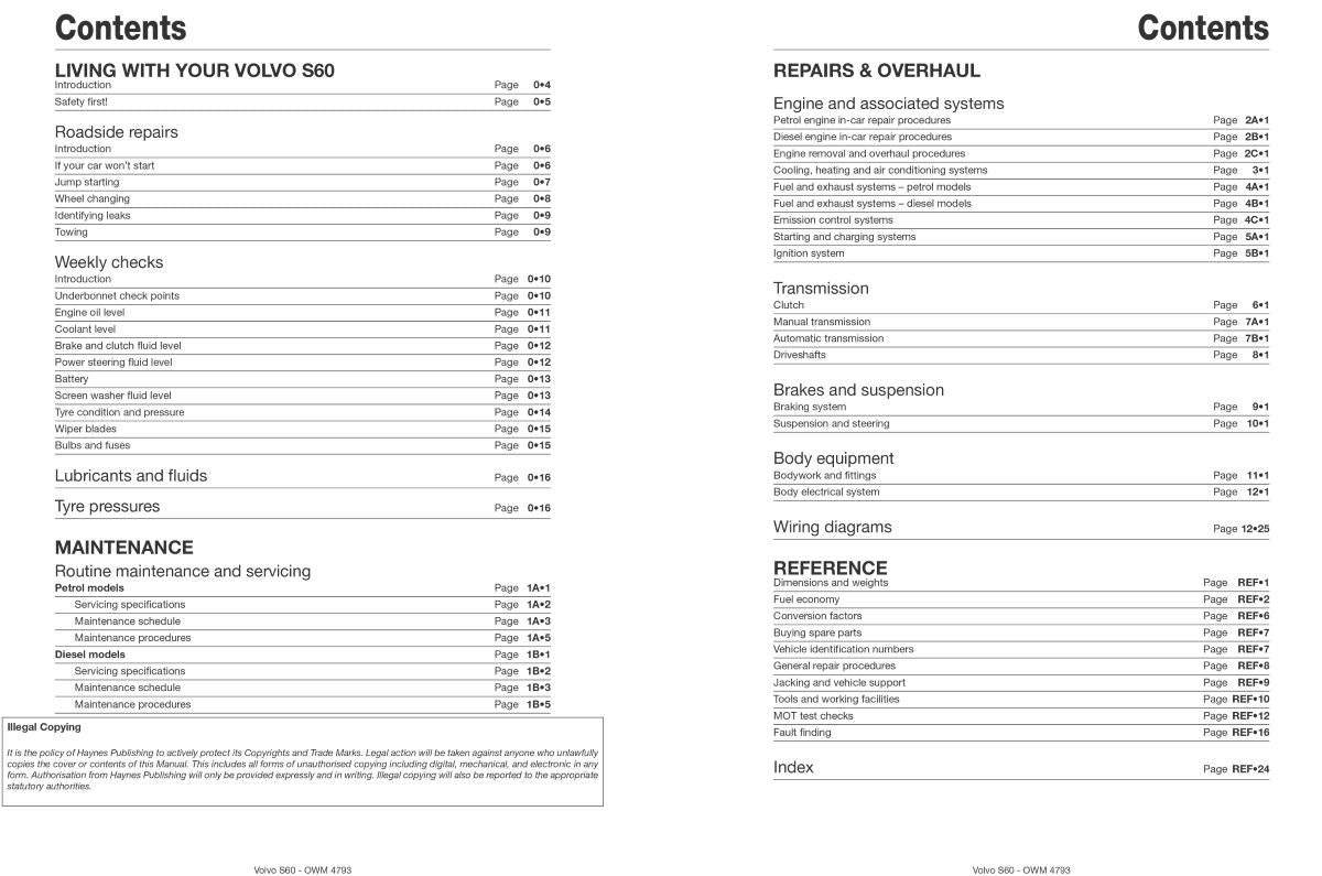 Volvo S60 Petrol & Diesel (00 - 09) - Haynes Repair Manual