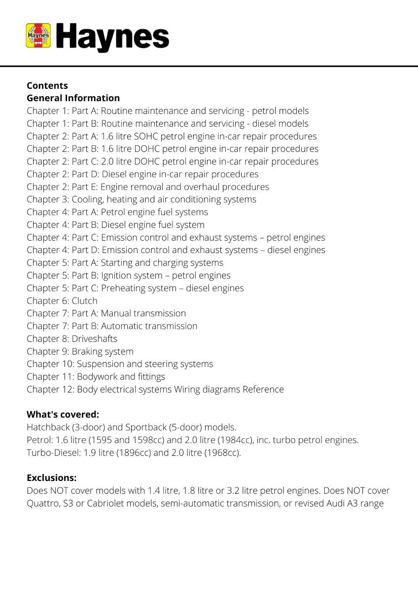 Audi A3 Petrol & Diesel (Jun 03 - Mar 08) - Haynes Repair Manual