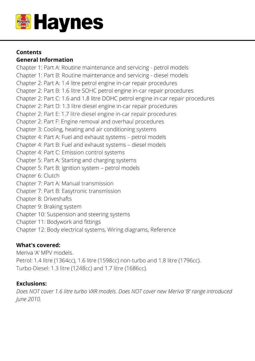 Vauxhall/Opel Meriva Petrol & Diesel (03 - May 10) - Haynes Repair Manual