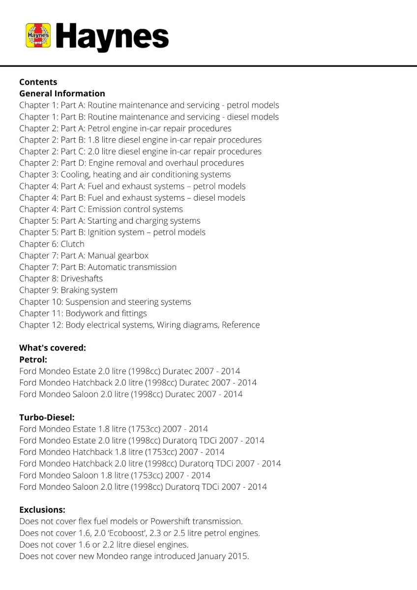 Ford Mondeo Petrol & Diesel (Apr 07 - 14) - Haynes Repair Manual