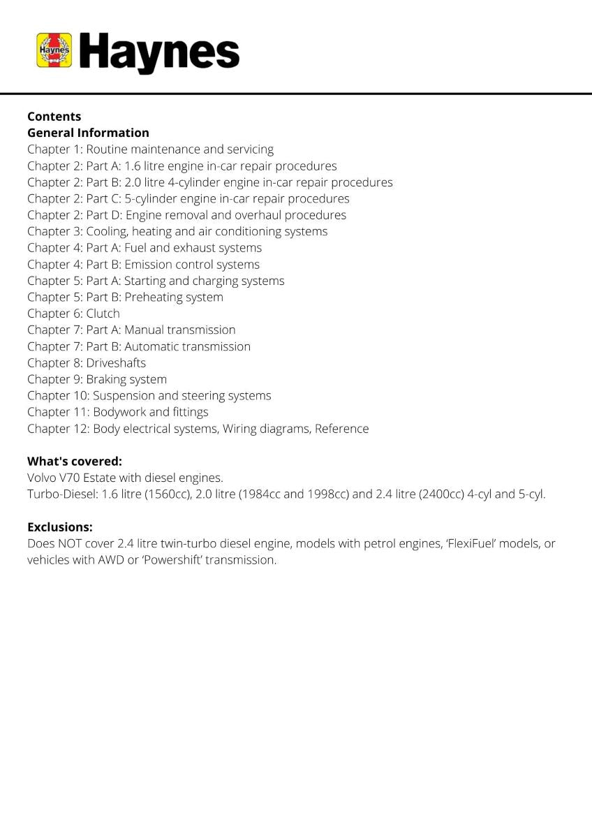 Volvo V70 Diesel (June 07 - 12) - Haynes Repair Manual