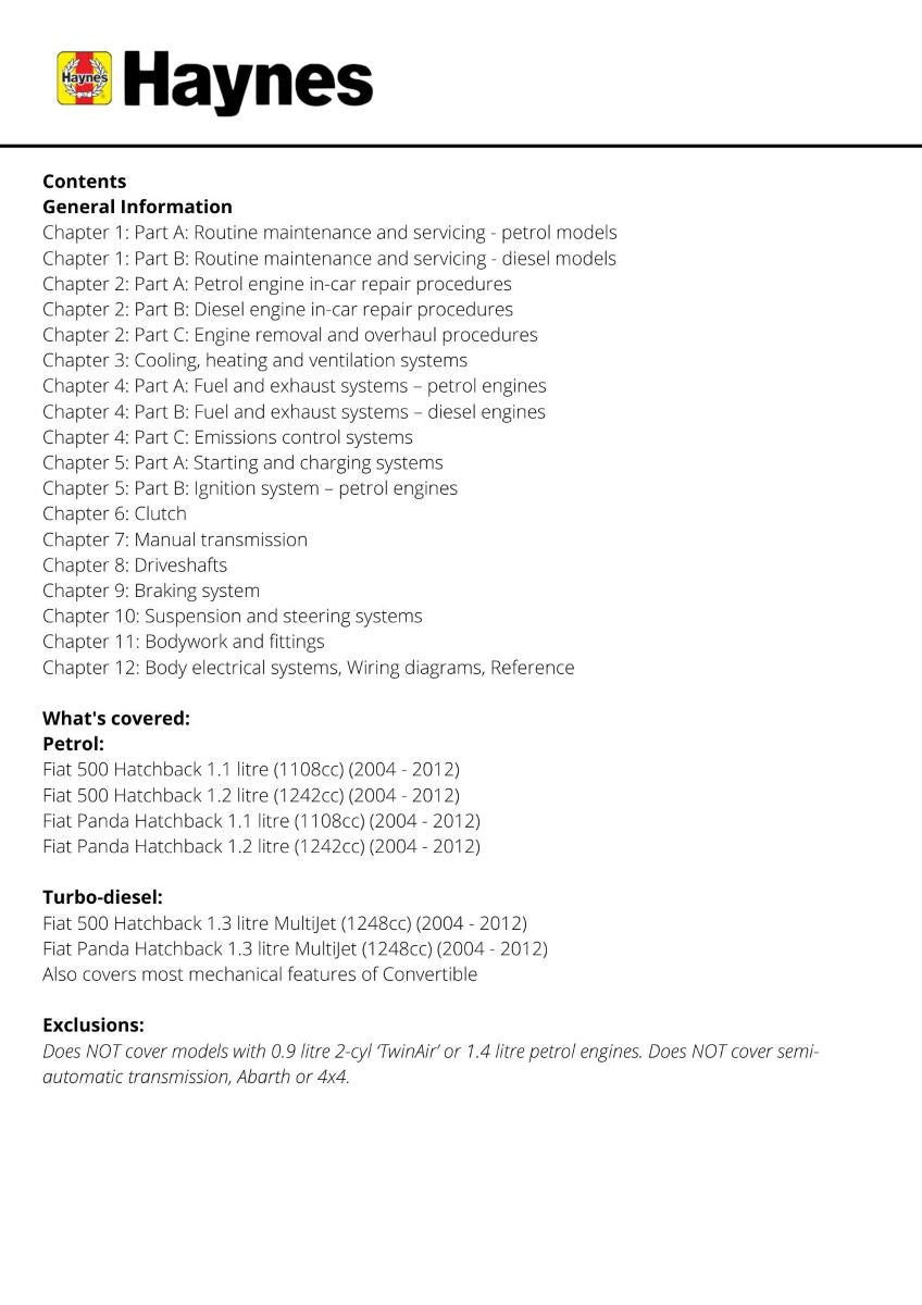 Fiat 500 & Panda Petrol & Diesel (04 - 12) - Haynes Repair Manual