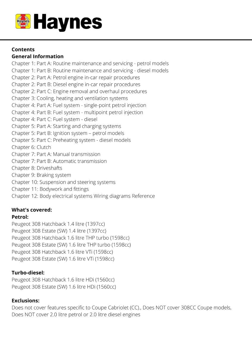 Peugeot 308 Petrol & Diesel (07 - 12) - Haynes Repair Manual