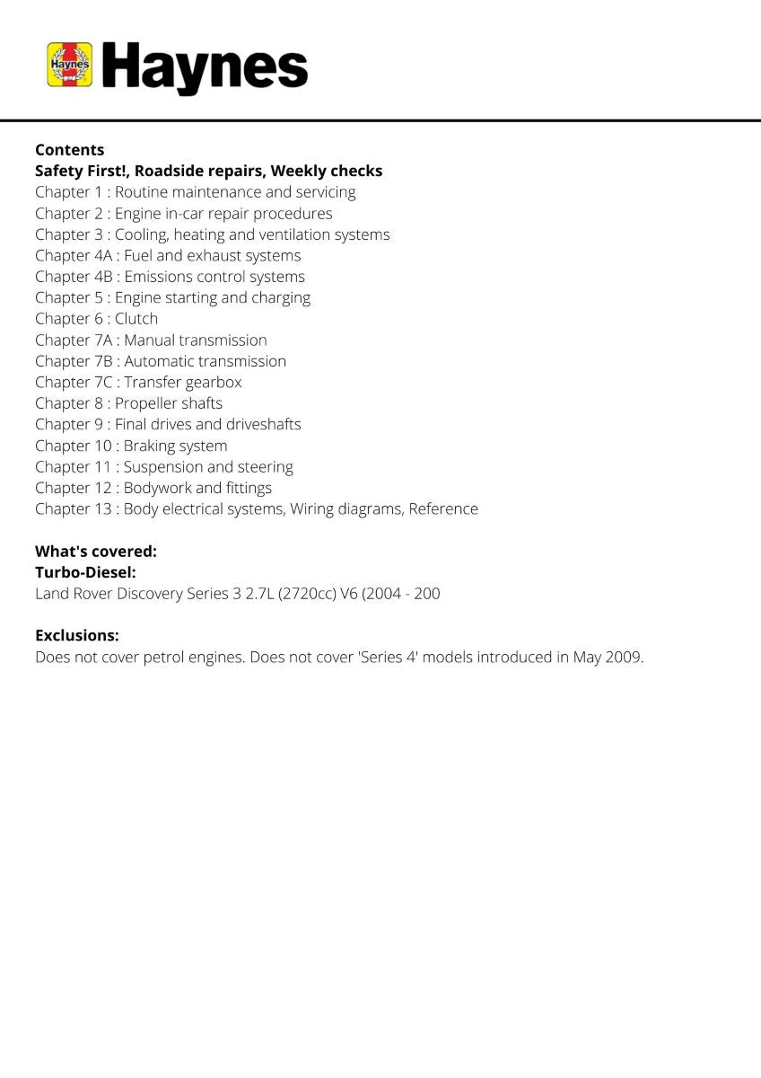 Land Rover Discovery Diesel (Aug 04 - Apr 09) - Haynes Repair Manual