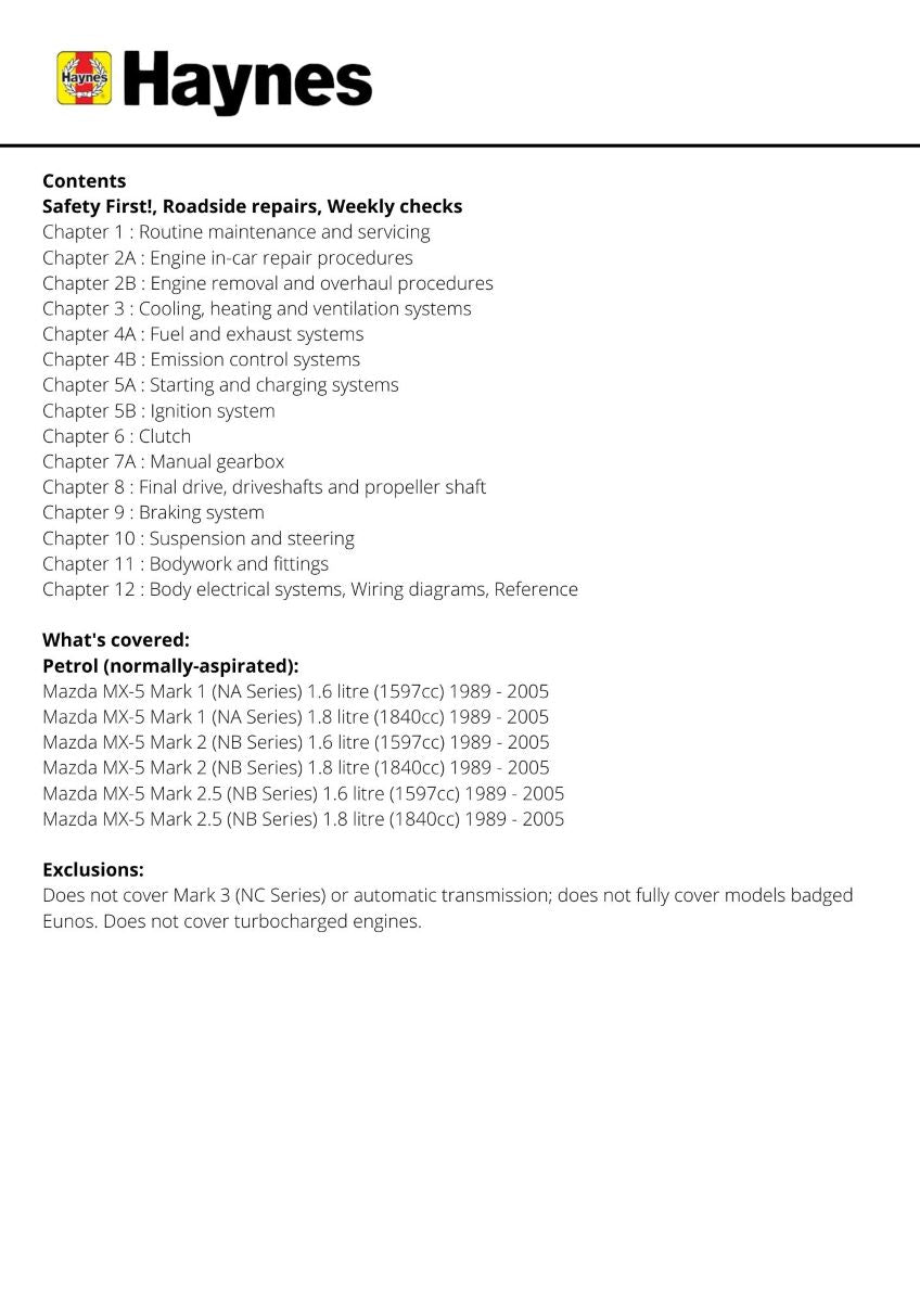 Mazda MX-5 (89 - 05) - Haynes Repair Manual