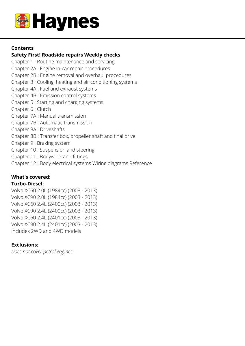 Volvo XC60 & XC90 Diesel (03 - 13) - Haynes Repair Manual