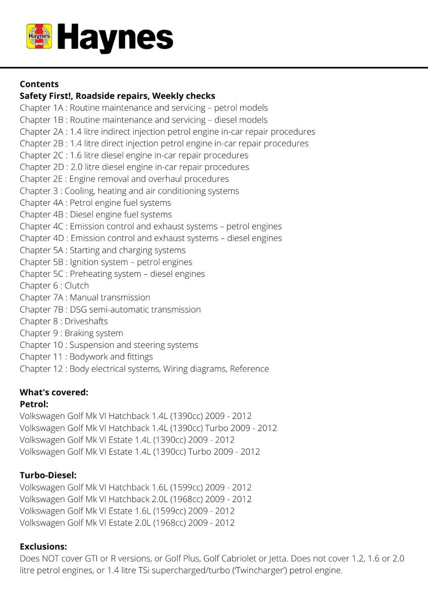 Golf Petrol & Diesel (09 - 12) - Haynes Repair Manual