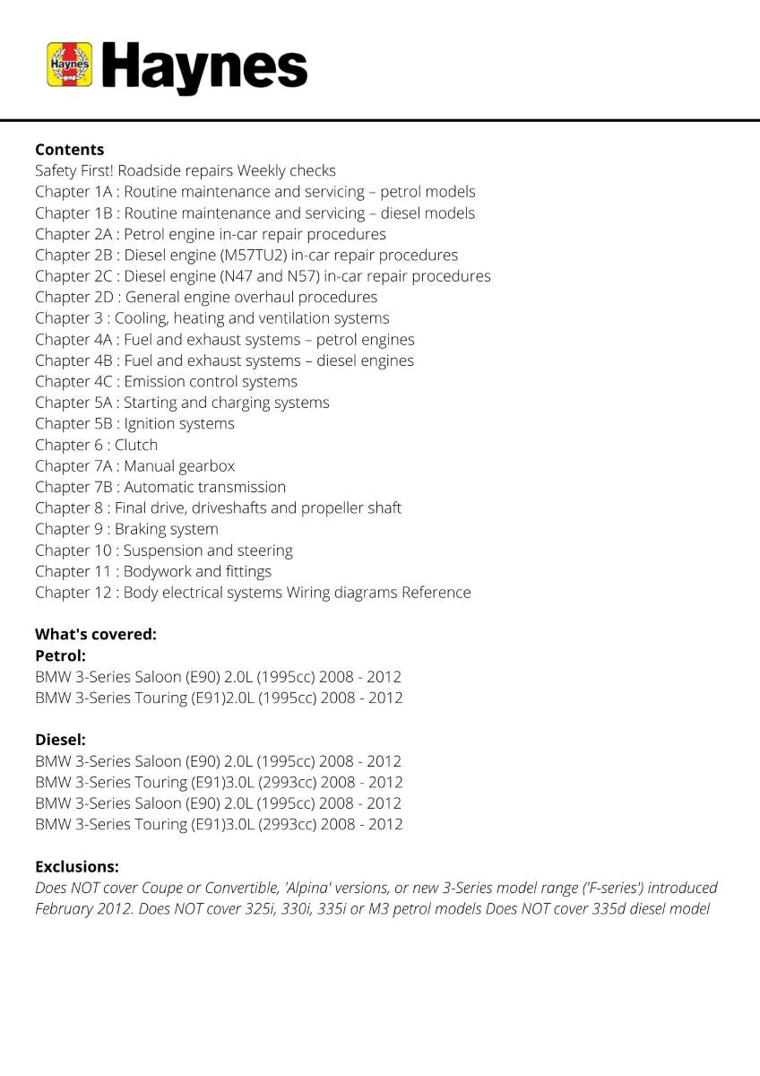 BMW 3-Series Petrol & Diesel   (Sept 08 to Feb 12) - Haynes Repair Manual