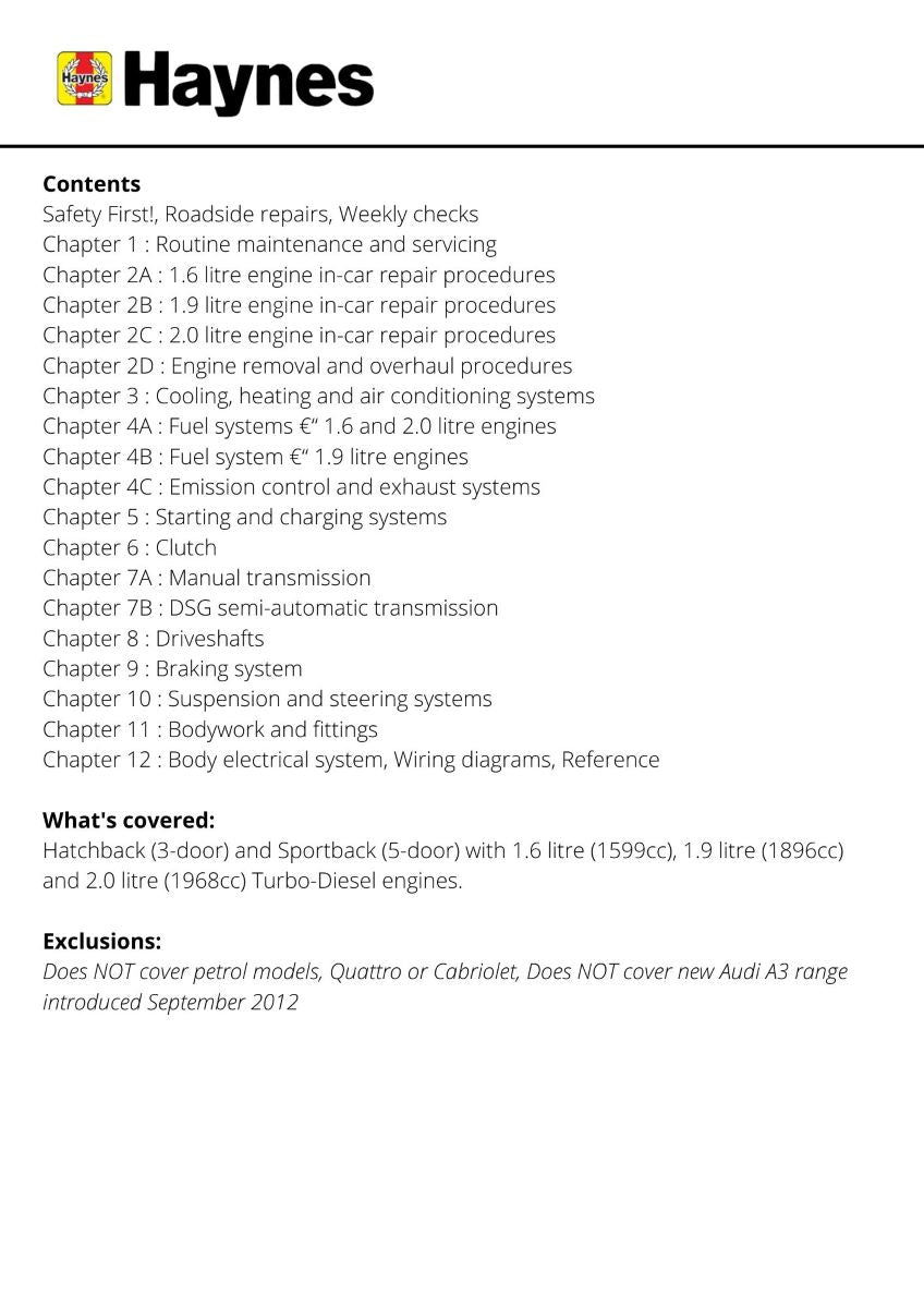Audi A3 Diesel (Apr 08 - Sept 12) - Haynes Repair Manual