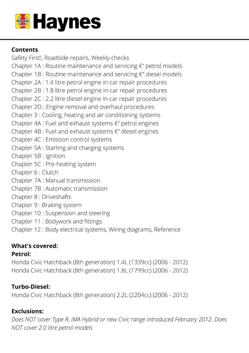 Honda Civic Petrol & Diesel (Jan 06 - 12) - Haynes Repair Manual