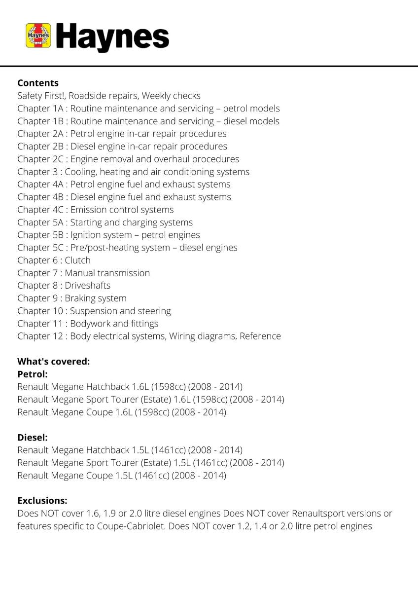 Renault Megane Petrol & Diesel (08 - 14) - Haynes Repair Manual