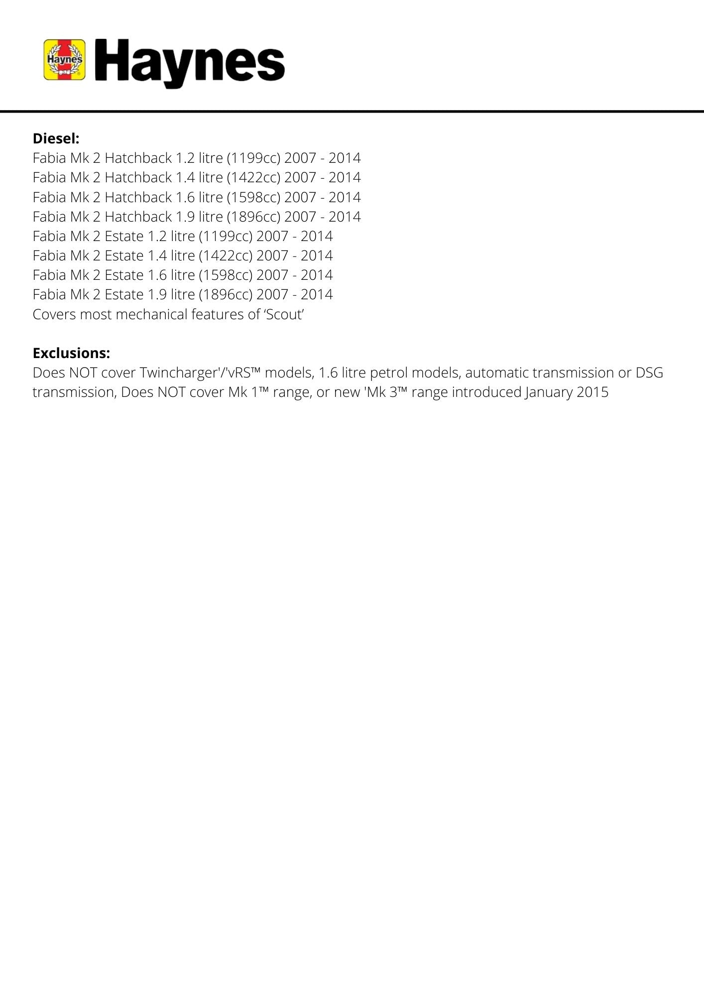 Skoda Fabia petrol & diesel (May 07-14) - Haynes Repair Manual