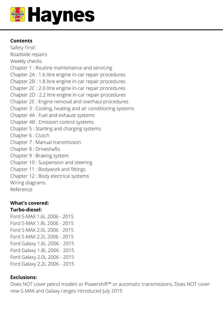 Ford S-MAX & Galaxy Diesel (Mar 06 - July 15) - Haynes Repair Manual