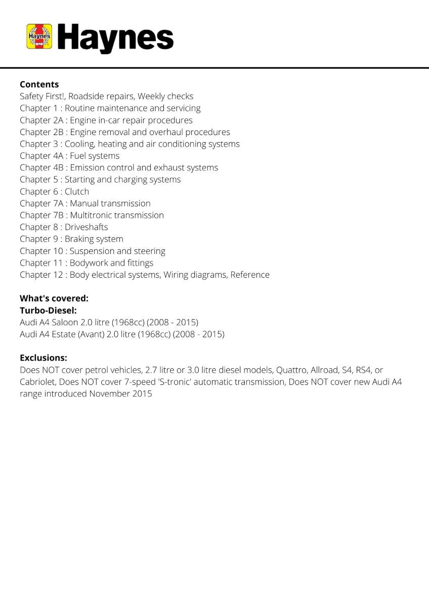 Audi A4 Diesel (Mar 08 - Oct 15) - Haynes Repair Manual 08 to 65