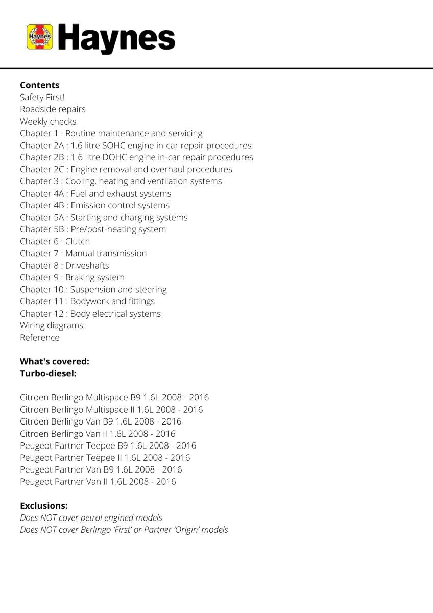 Citroen Berlingo & Peugeot Partner Diesel (June 08 - 16) 08 to 16 - Haynes Repair Manual