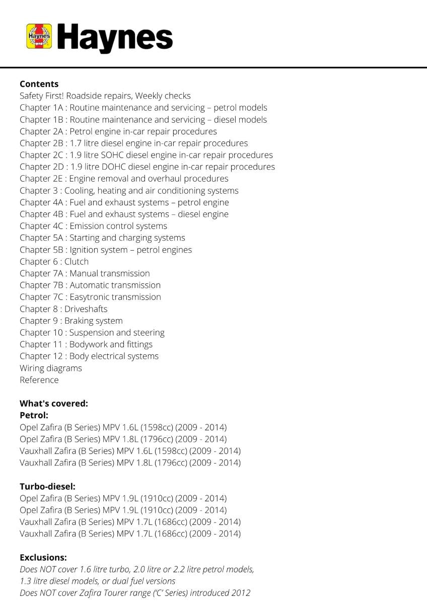 Vauxhall/Opel Zafira (Mar 09-14) 09 to 64 - Haynes Repair Manual