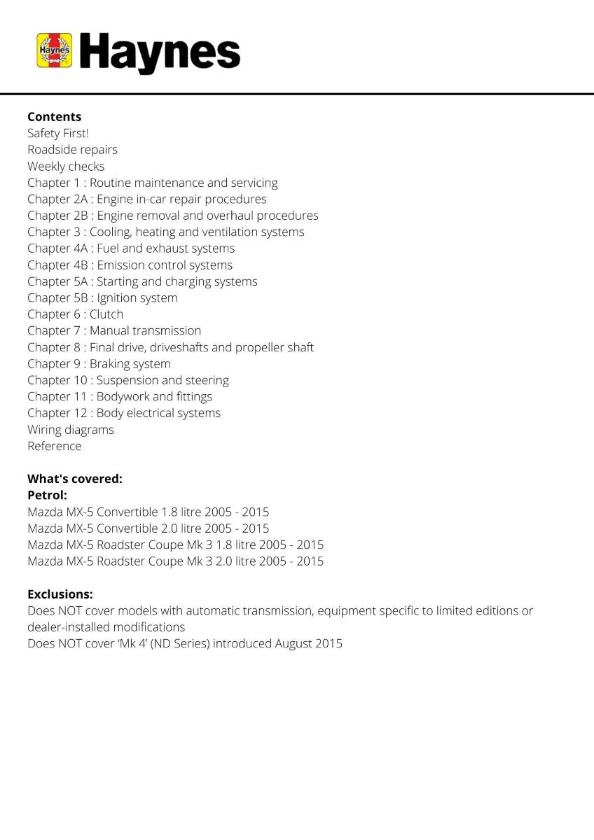 Mazda MX-5 (Oct 05 - July 15) 55 to 15 - Haynes Repair Manual