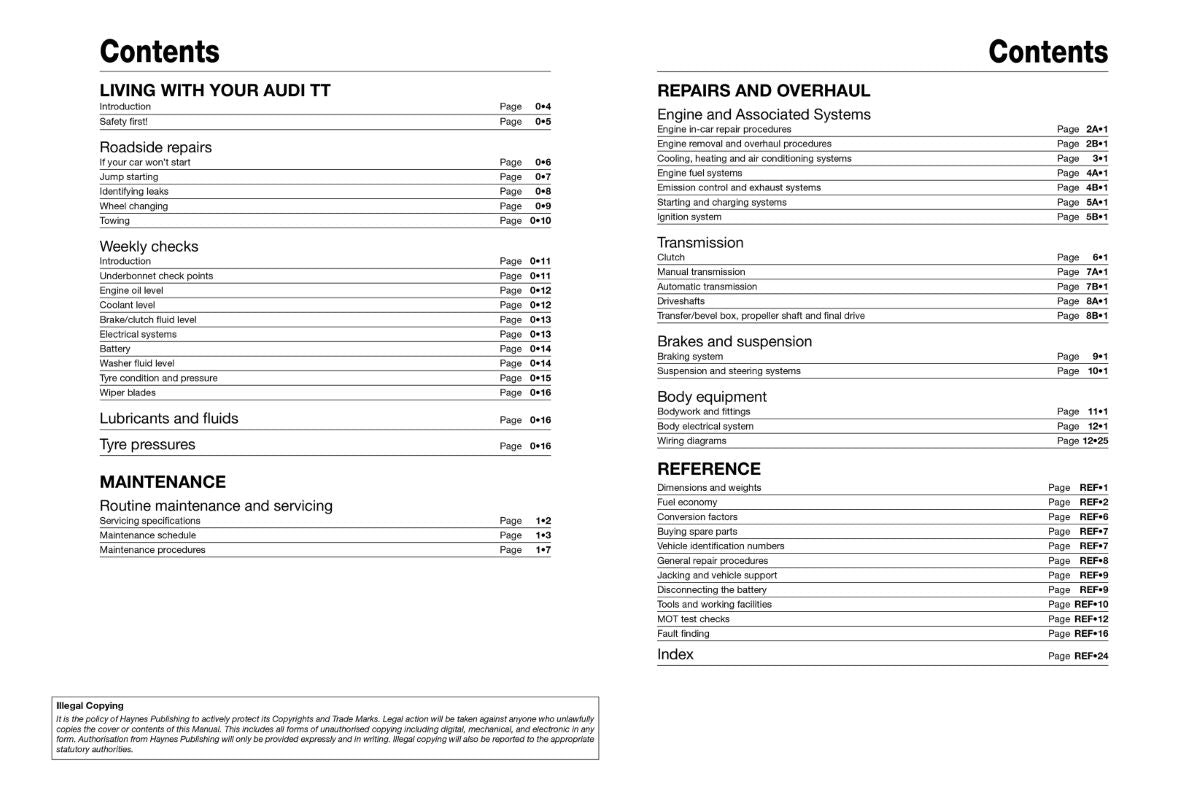 Audi TT (99 to 06) T to 56 - Haynes Repair Manual