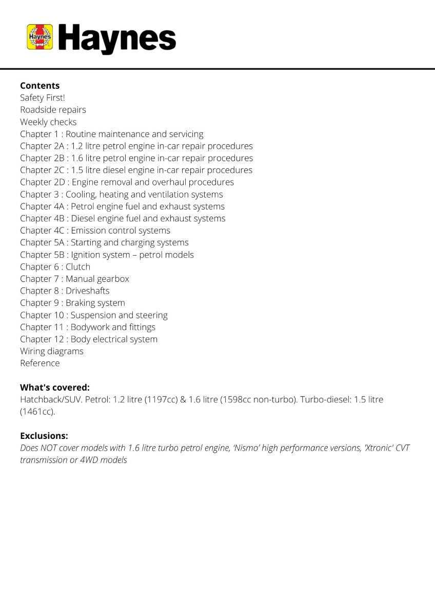 Nissan Juke (10 - 17) - Haynes Repair Manual