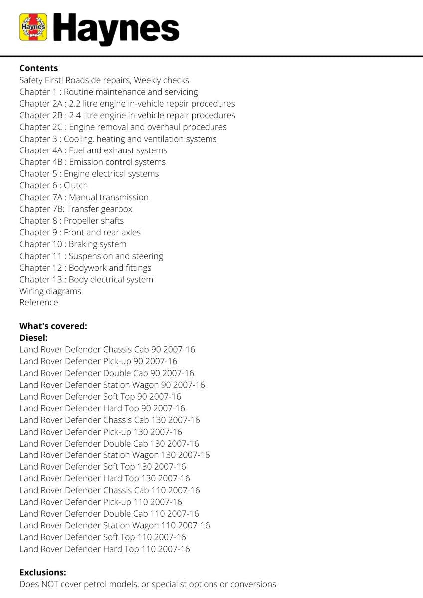 Land Rover Defender Diesel (2007 - 2016)  - Haynes Repair Manual