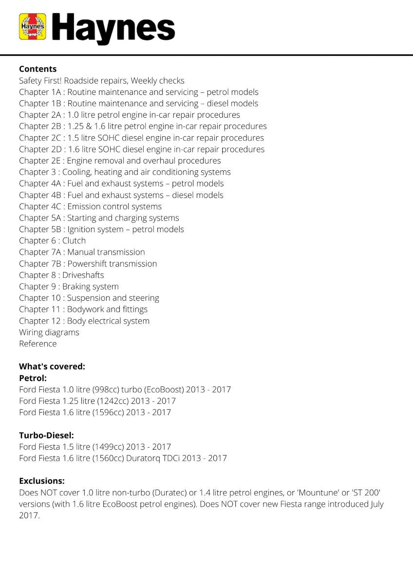 Ford Fiesta Petrol & Diesel (13 - 17) 62 to 17 - Haynes Repair Manual