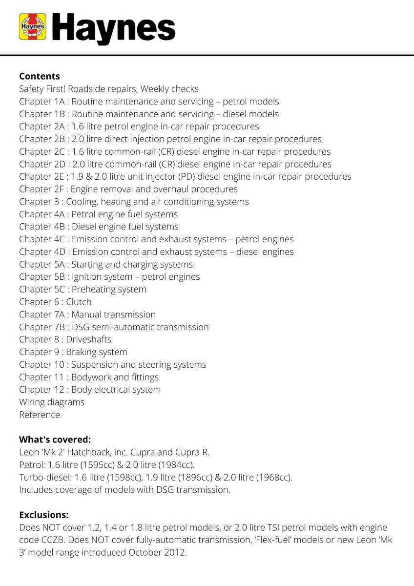 Seat Leon (Sept 05 - Sept 12) 55 to 62 - Haynes Repair Manual