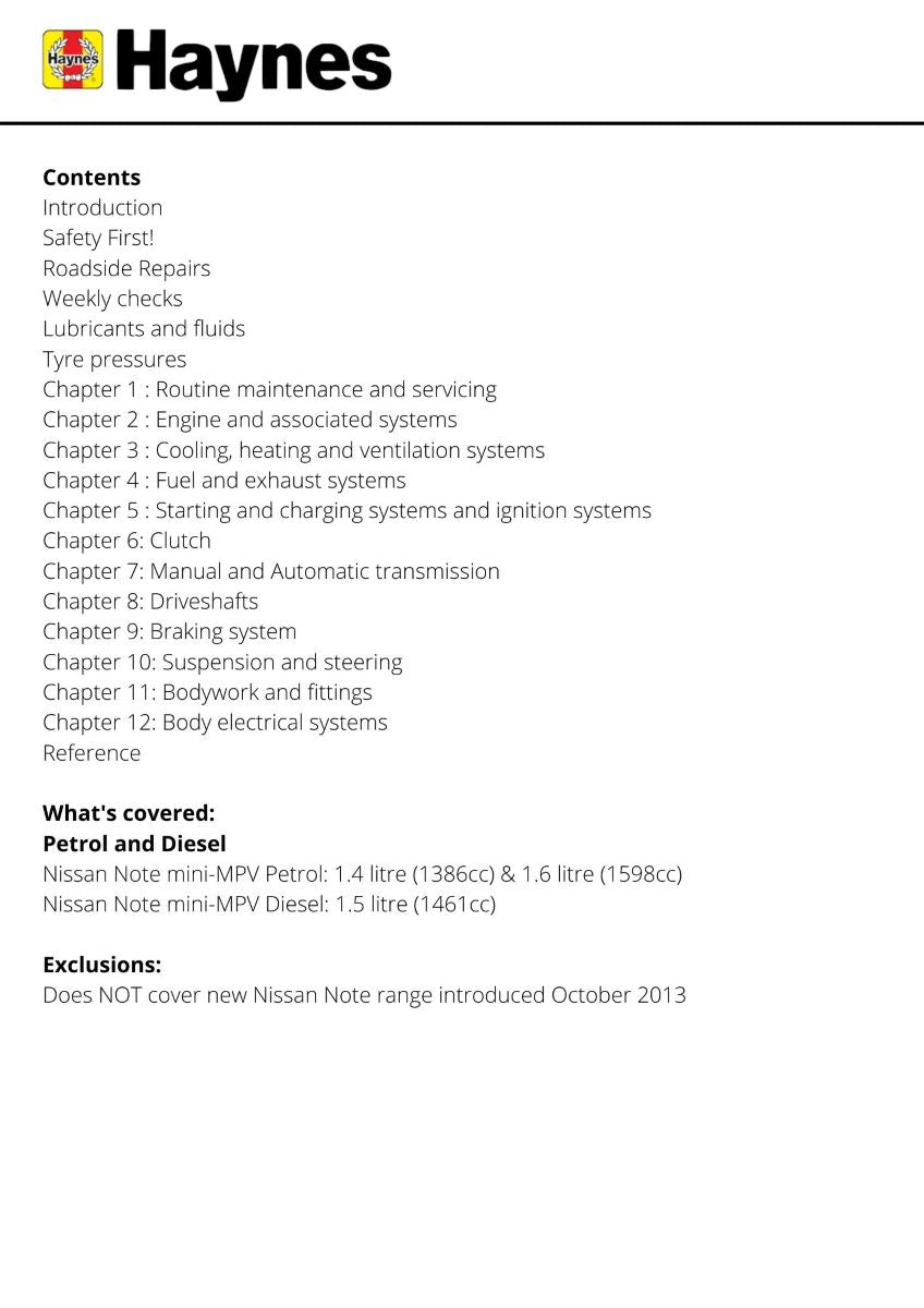 Nissan Note Petrol & Diesel (06 - Sept 13) 06 to 63 - Haynes Repair Manual