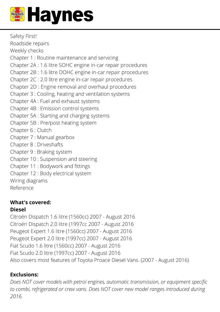 Citroen Dispatch (Jumpy), Peugeot Expert & Fiat Scudo Diesel 56 to 16 (07 - Aug 16) - Haynes Repair Manual