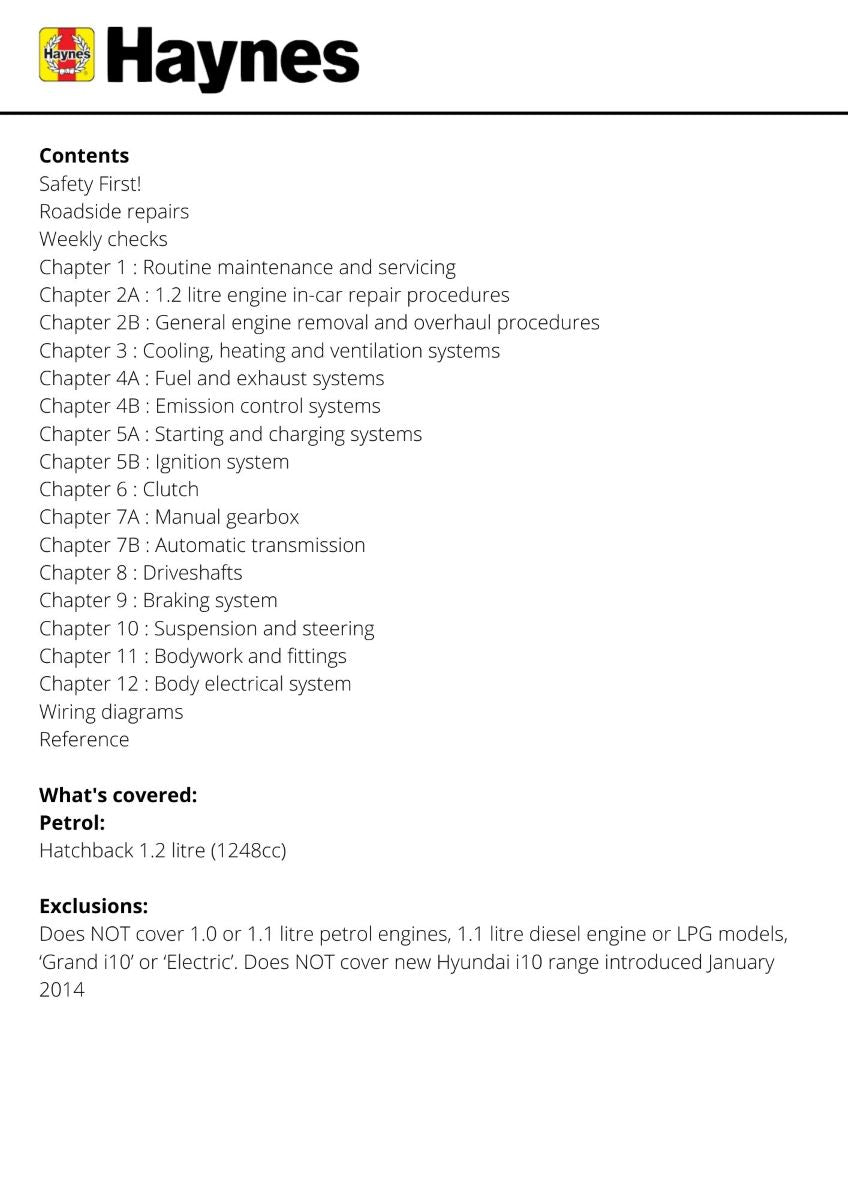 Hyundai i10 (08 - 13) 58 to 63 Petrol - Haynes Repair Manual