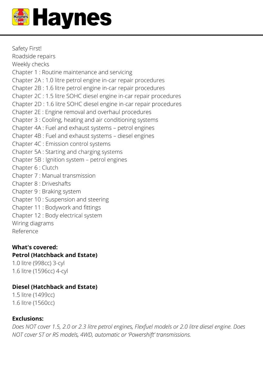 Ford Focus Petrol & Diesel 64 to 18 (Oct 14 - 18) - Haynes Repair Manual