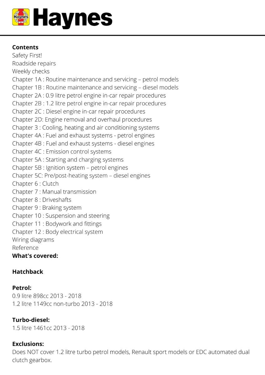 Renault Clio Petrol & Diesel (13 - 18) 62 to 18 - Haynes Repair Manual