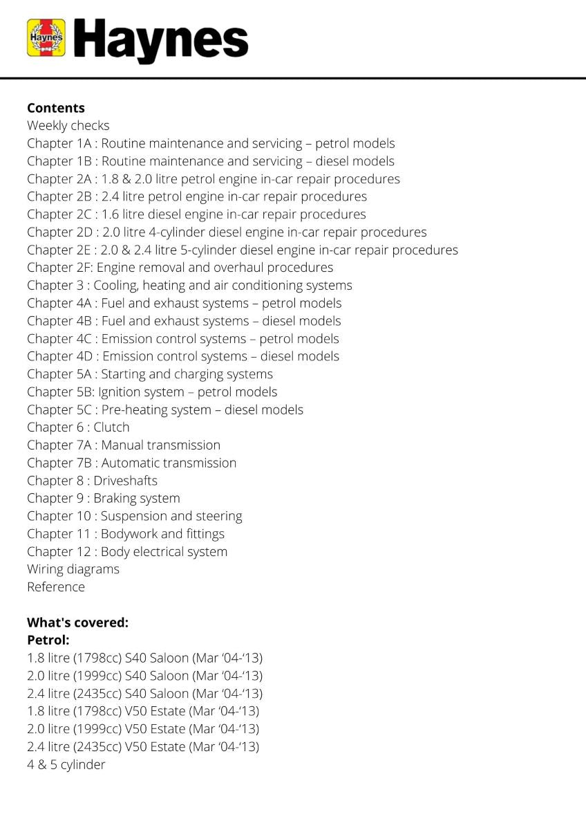 Volvo S40 & V50 Petrol & Diesel (Mar 04-13) - Haynes Repair Manual