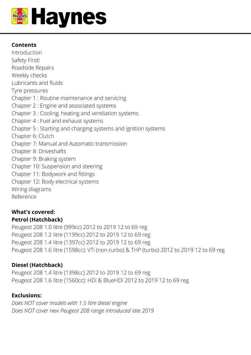 Peugeot 208 Petrol & Diesel (2012 to 2019) 12 to 69 reg - Haynes Repair Manual