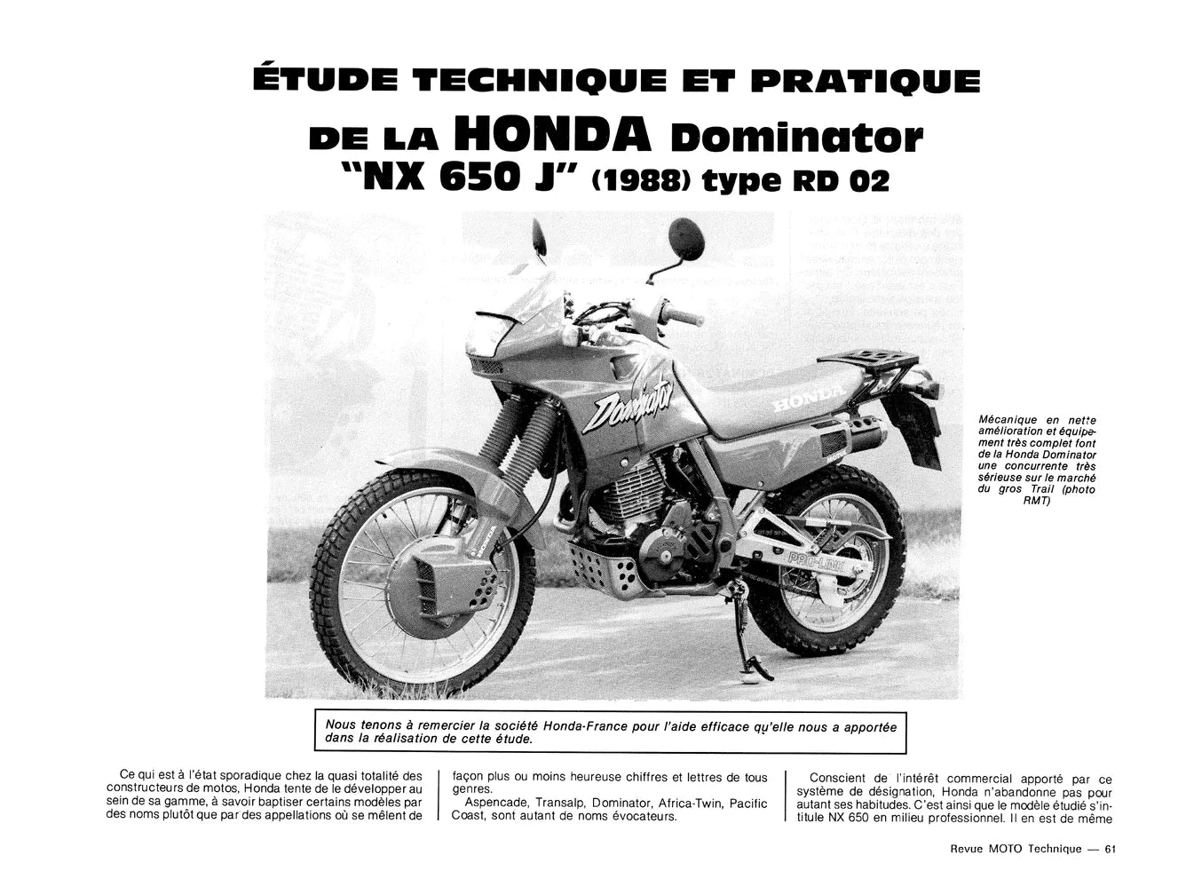 Suzuki RG 125 Gamma (1985 - 1988) - Honda NX 650 Dominator / SLR 650 (1988 - 1998) - Revue Technique