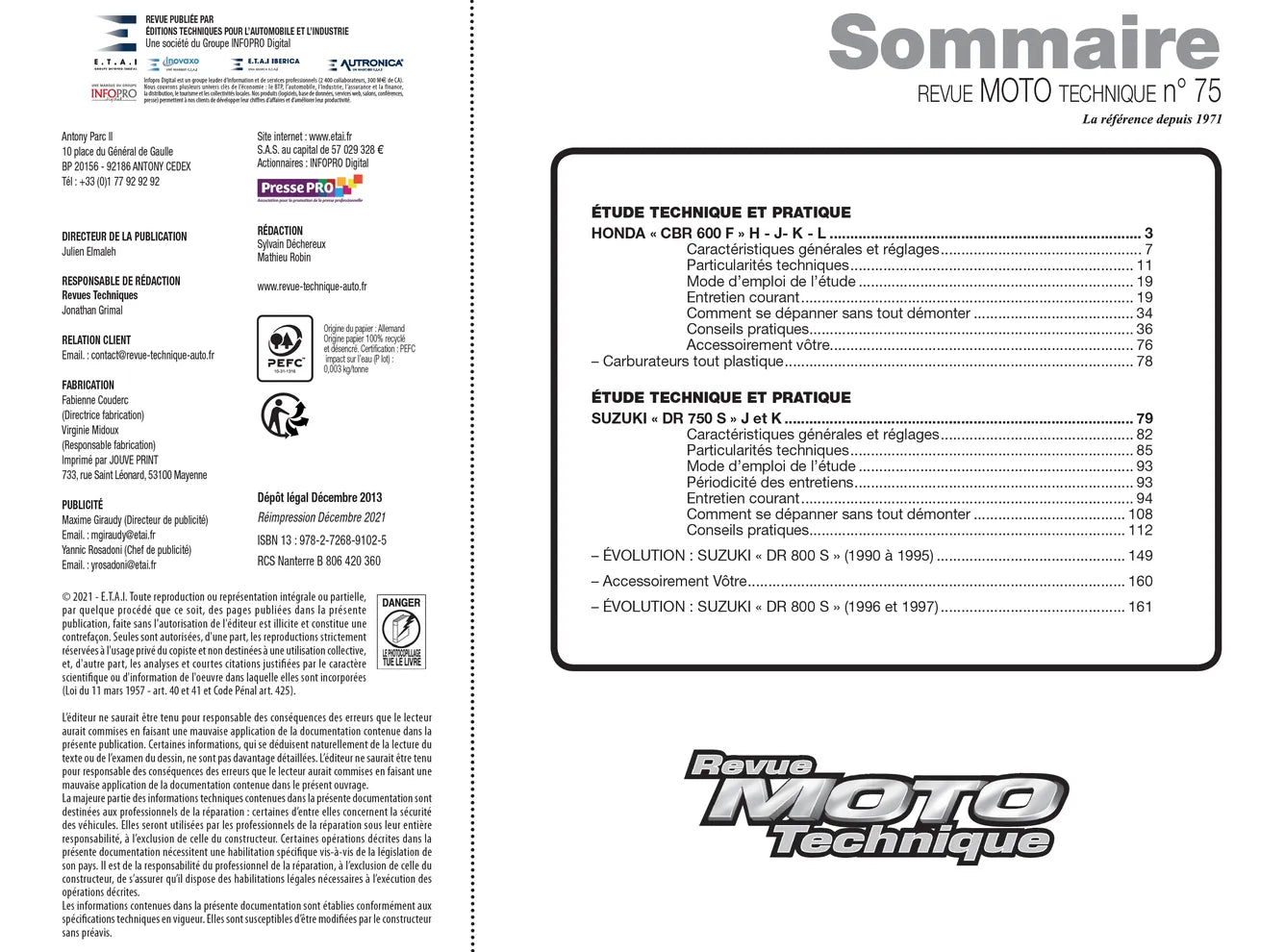 Suzuki DR 750 et 800 S (1988 - 1997) - Honda CBR 600 F (1987 - 1990) - Revue Technique
